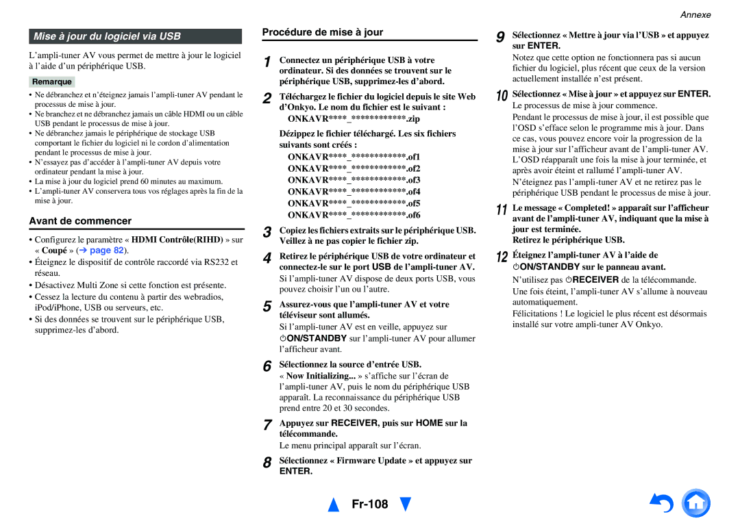 Onkyo TX-NR3010, TX-NR5010 manual Fr-108, Mise à jour du logiciel via USB, Sélectionnez la source d’entrée USB 