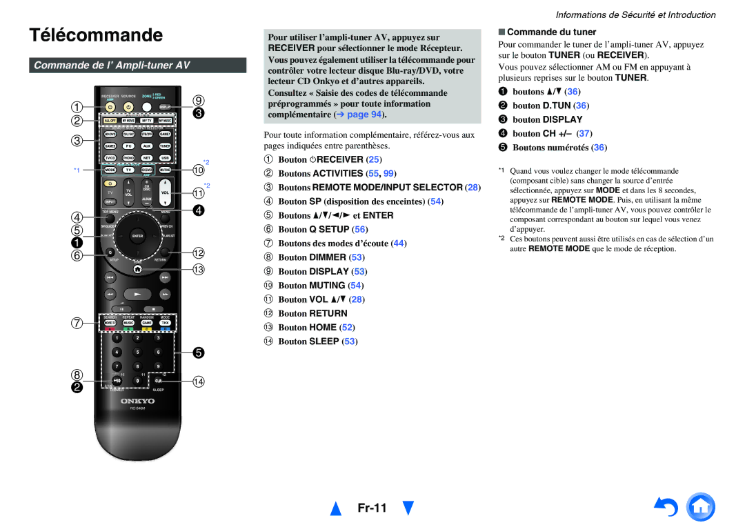 Onkyo TX-NR5010 Télécommande, Fr-11, Commande de l’ Ampli-tuner AV, Boutons Remote MODE/INPUT Selector, Commande du tuner 