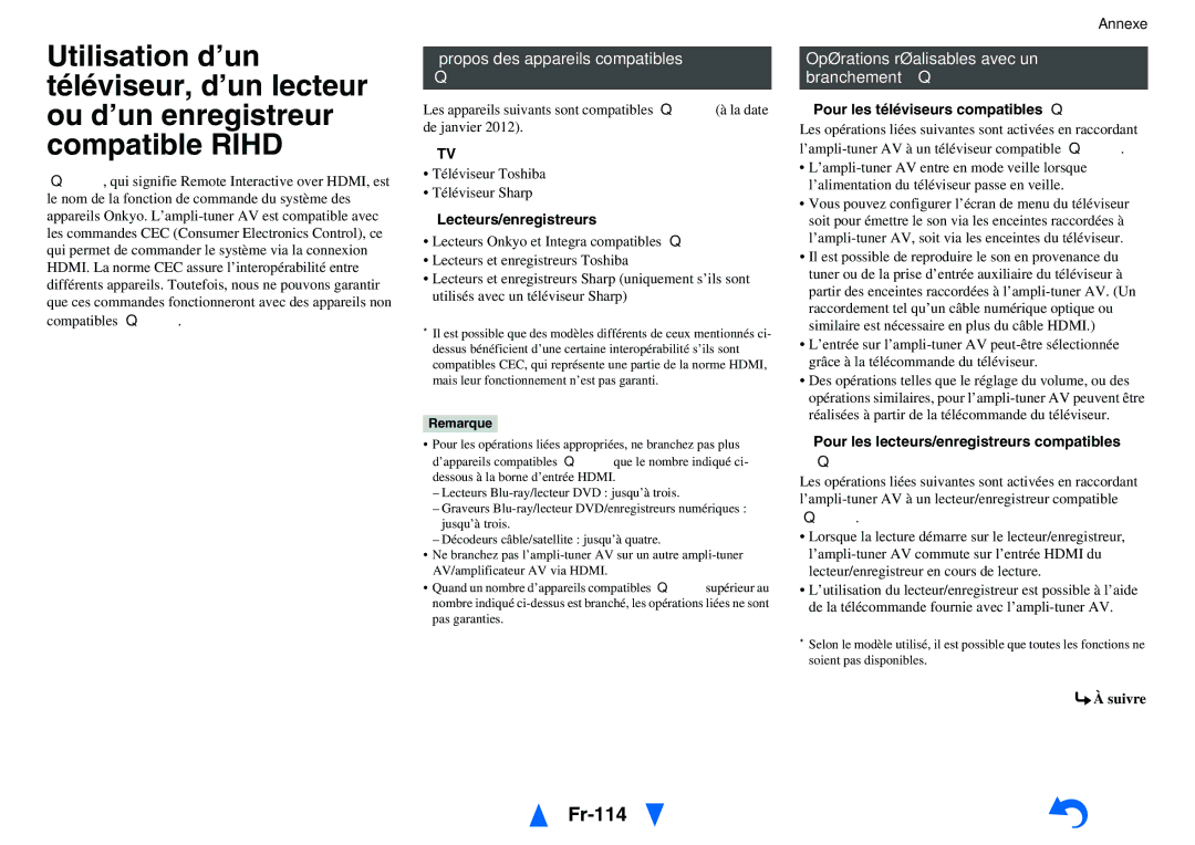 Onkyo TX-NR3010, TX-NR5010 manual Fr-114, Propos des appareils compatibles p, Opérations réalisables avec un branchement p 