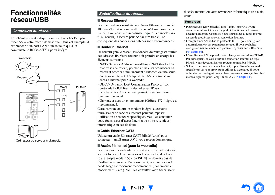 Onkyo TX-NR5010, TX-NR3010 manual Fonctionnalités Réseau/USB, Fr-117, Connexion au réseau, Spécifications du réseau 