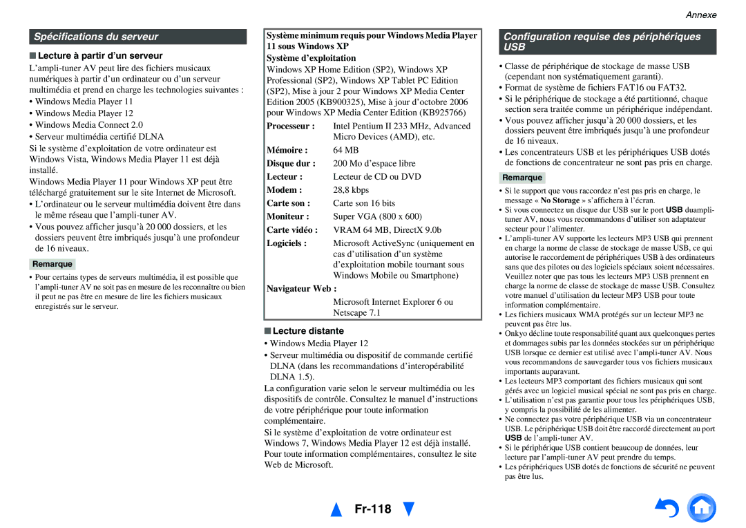 Onkyo TX-NR3010 Fr-118, Spécifications du serveur, Configuration requise des périphériques, Lecture à partir d’un serveur 