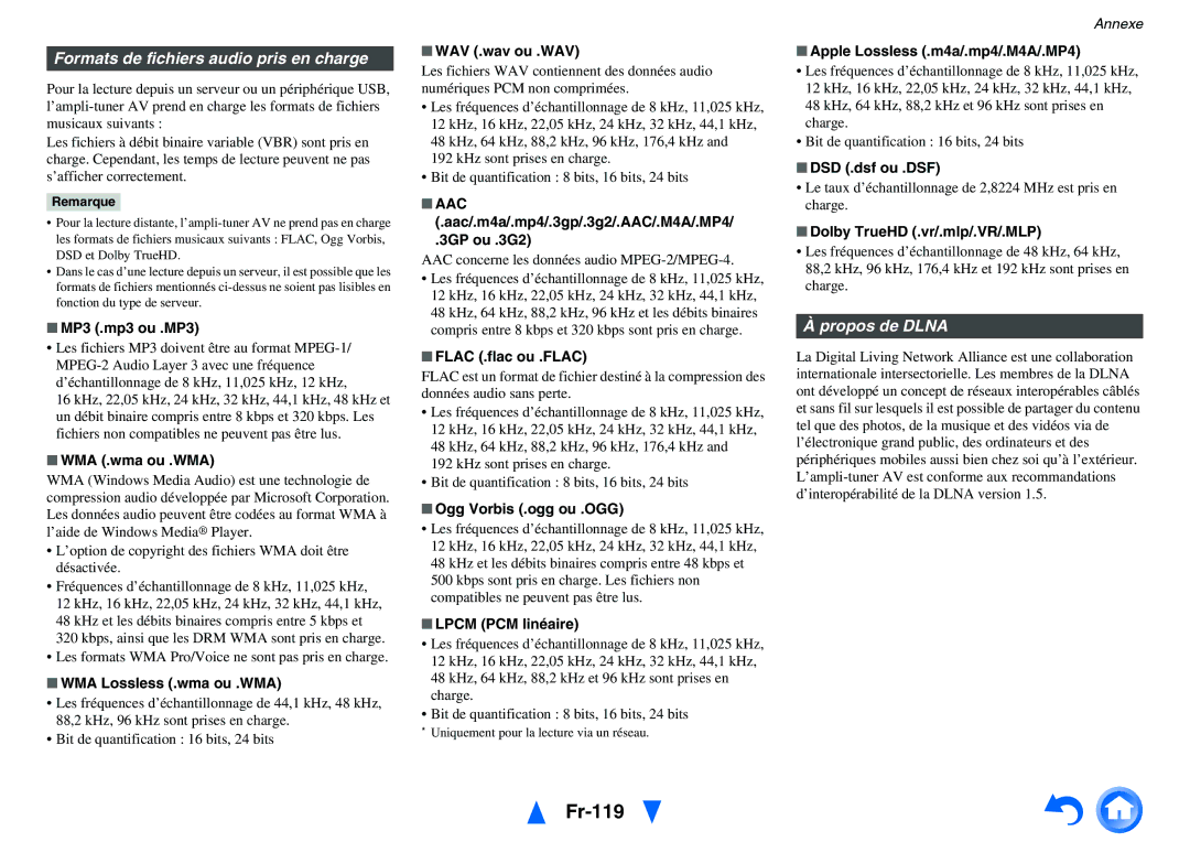 Onkyo TX-NR5010, TX-NR3010 manual Fr-119, Formats de fichiers audio pris en charge, Propos de Dlna 