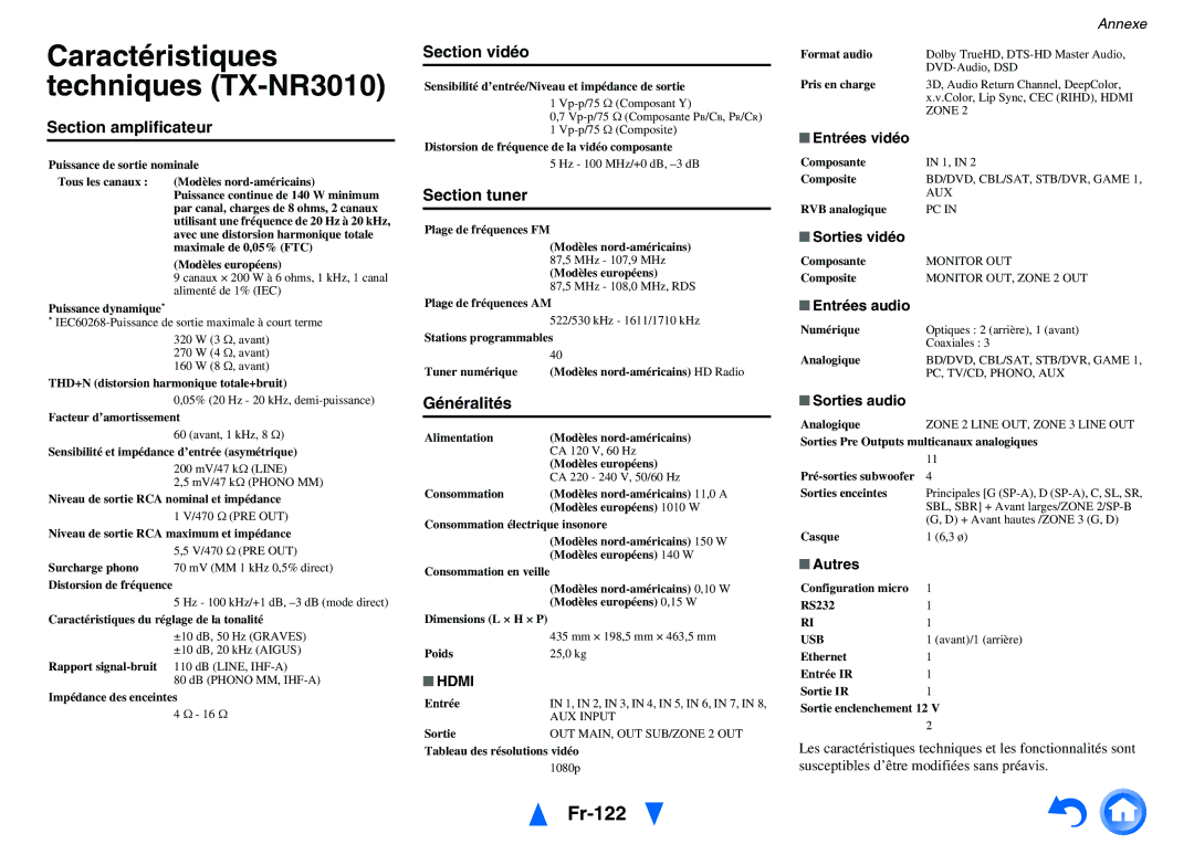 Onkyo TX-NR5010 manual Caractéristiques techniques TX-NR3010, Fr-122 