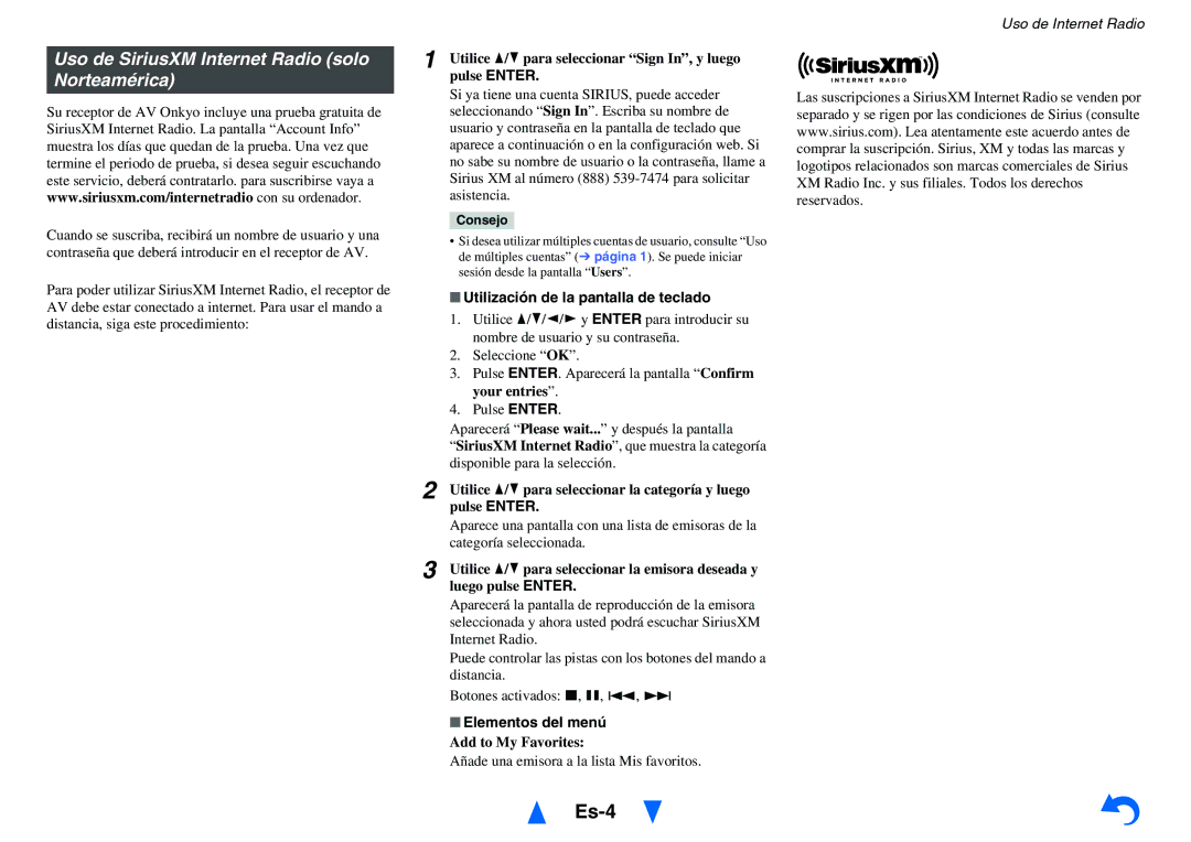 Onkyo TX-NR5010 manual Es-4, Uso de SiriusXM Internet Radio solo Norteamérica, Añade una emisora a la lista Mis favoritos 