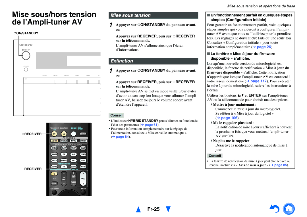 Onkyo TX-NR5010, TX-NR3010 manual Mise sous/hors tension, De l’Ampli-tuner AV, Fr-25, Mise sous tension, Extinction 