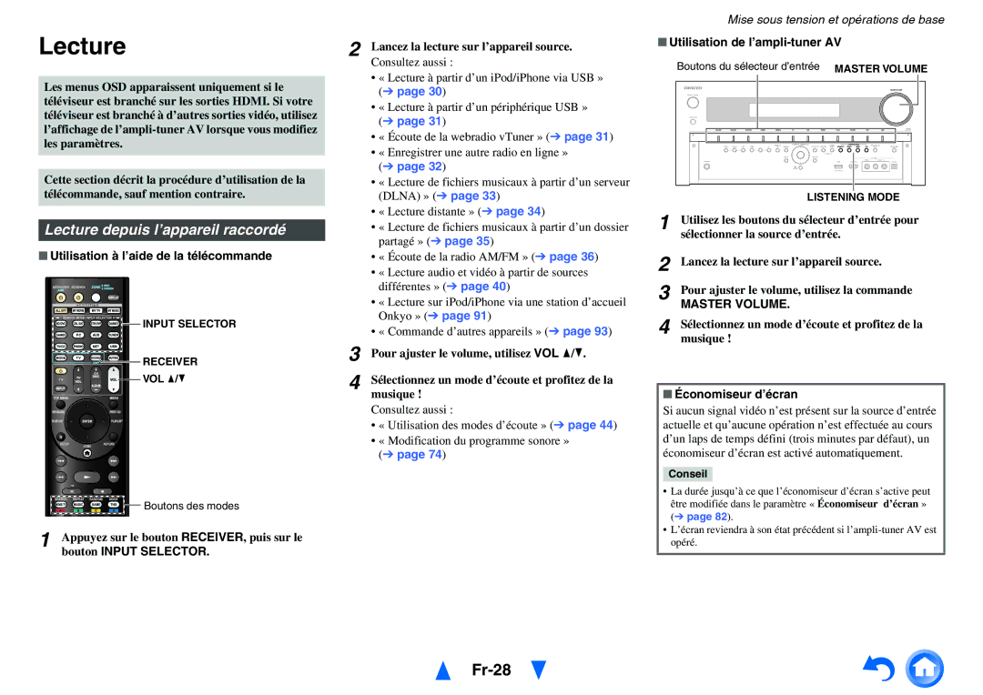 Onkyo TX-NR3010, TX-NR5010 manual Fr-28, Lecture depuis l’appareil raccordé, Master Volume 