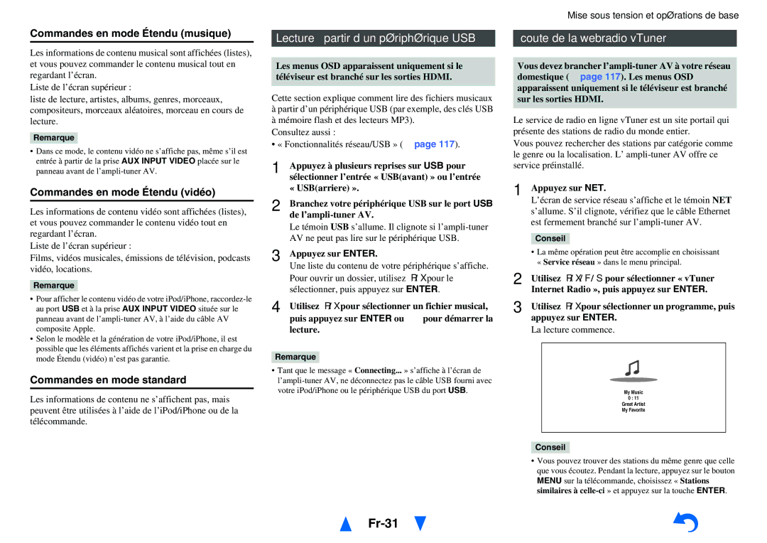 Onkyo TX-NR5010, TX-NR3010 manual Fr-31, Lecture à partir d’un périphérique USB, Écoute de la webradio vTuner 