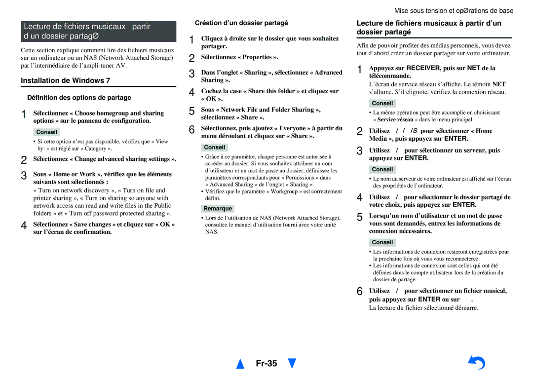 Onkyo TX-NR5010, TX-NR3010 manual Fr-35, Lecture de fichiers musicaux à partir d’un dossier partagé, Installation de Windows 