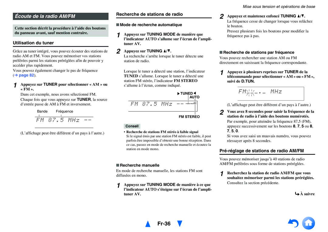 Onkyo TX-NR3010, TX-NR5010 manual Fr-36, Écoute de la radio AM/FM, Utilisation du tuner, Recherche de stations de radio 