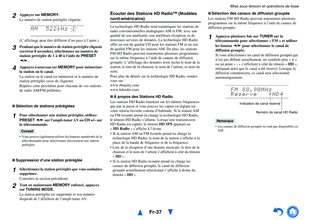Onkyo TX-NR5010, TX-NR3010 manual Fr-37, Écouter des Stations HD Radio Modèles nord-américains 