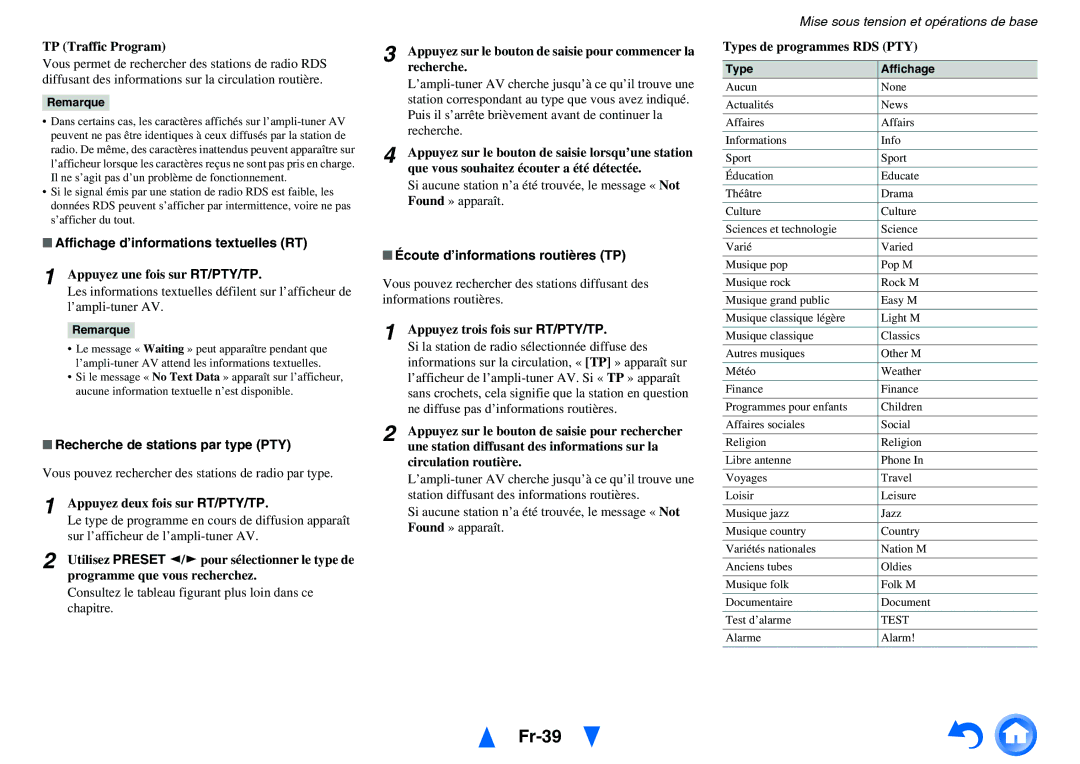 Onkyo TX-NR5010, TX-NR3010 manual Fr-39, Affichage d’informations textuelles RT, Recherche de stations par type PTY 