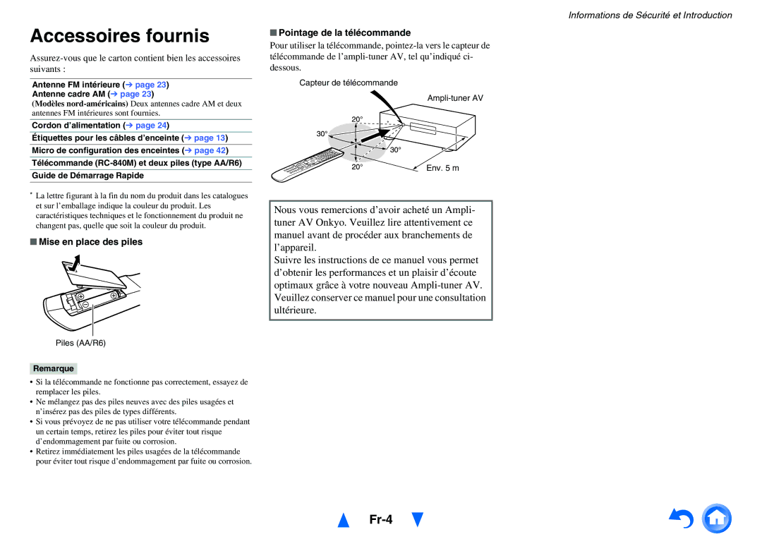 Onkyo TX-NR3010, TX-NR5010 manual Accessoires fournis, Fr-4, Mise en place des piles, Pointage de la télécommande 