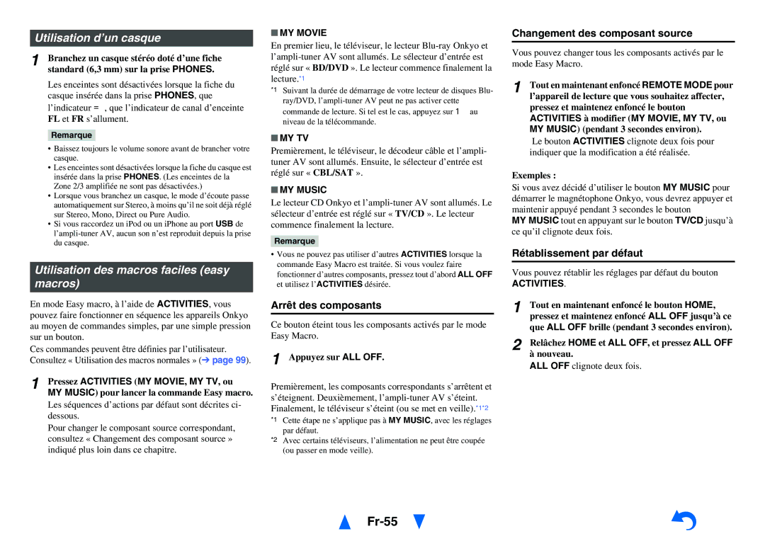 Onkyo TX-NR5010, TX-NR3010 manual Fr-55, Utilisation d’un casque, Utilisation des macros faciles easy macros 