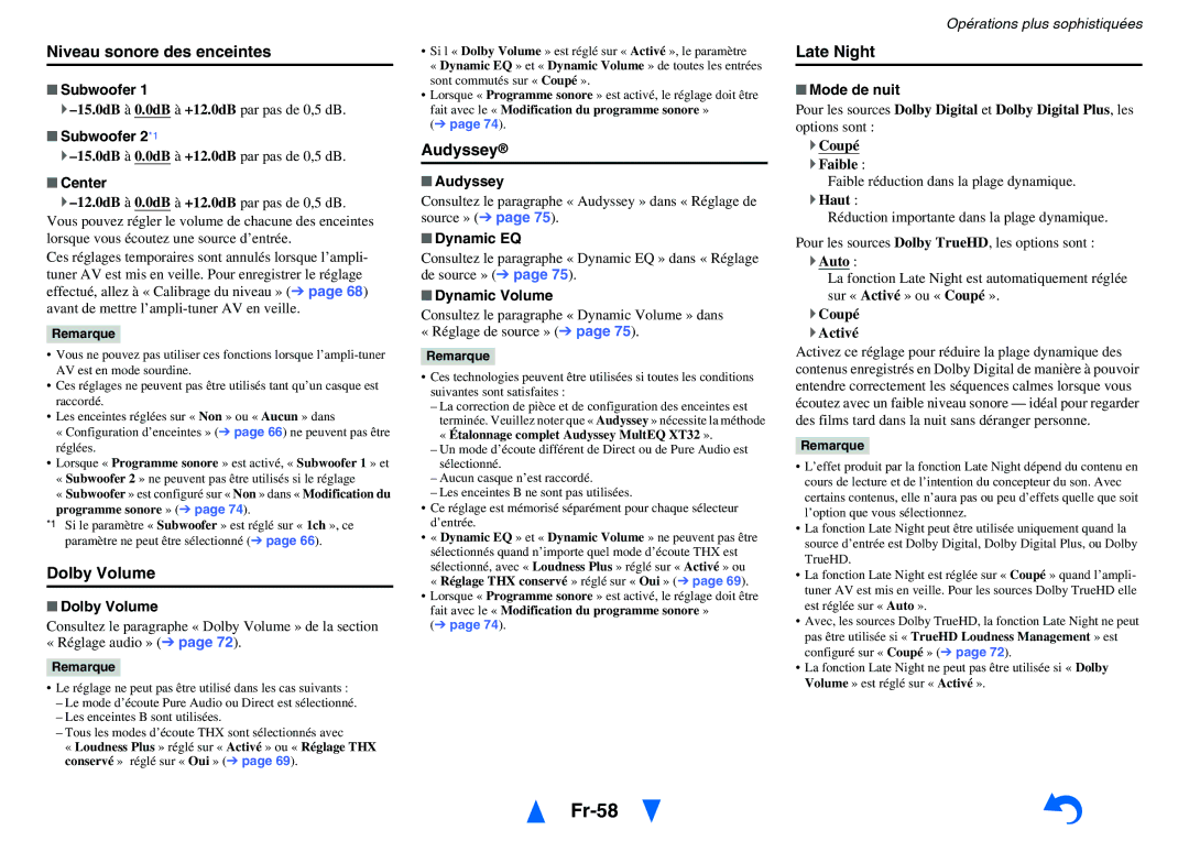 Onkyo TX-NR3010, TX-NR5010 manual Fr-58, Niveau sonore des enceintes, Dolby Volume, Audyssey, Late Night 