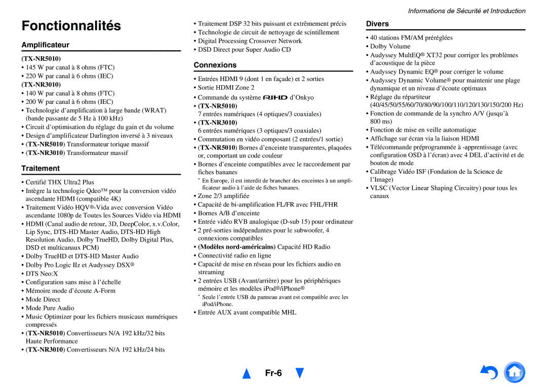 Onkyo TX-NR3010, TX-NR5010 manual Fonctionnalités, Fr-6 