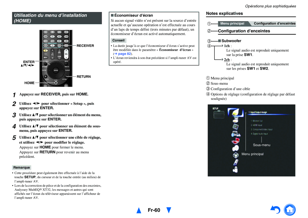 Onkyo TX-NR3010, TX-NR5010 manual Fr-60, Utilisation du menu d’installation Home, Configuration d’enceintes 