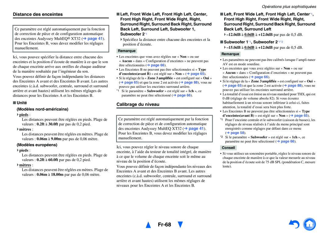 Onkyo TX-NR3010, TX-NR5010 manual Fr-68, Distance des enceintes, Calibrage du niveau 