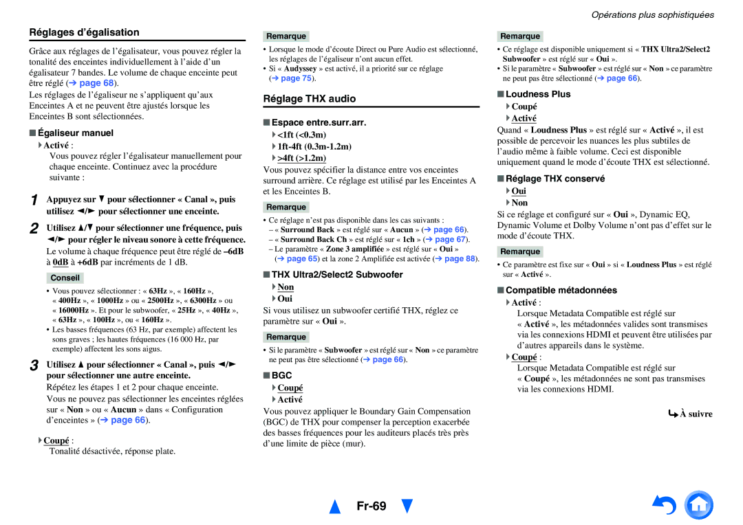 Onkyo TX-NR5010, TX-NR3010 manual Fr-69, Réglages d’égalisation, Réglage THX audio, Bgc 