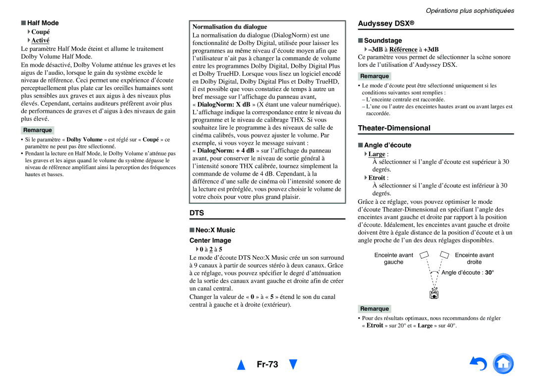 Onkyo TX-NR5010, TX-NR3010 manual Fr-73, Audyssey DSX, Theater-Dimensional 