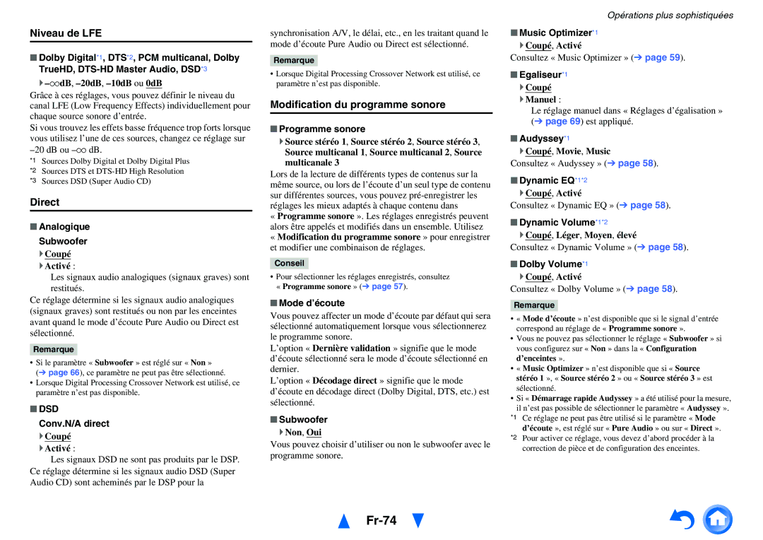 Onkyo TX-NR3010, TX-NR5010 manual Fr-74, Niveau de LFE, Direct, Modification du programme sonore, Dsd 