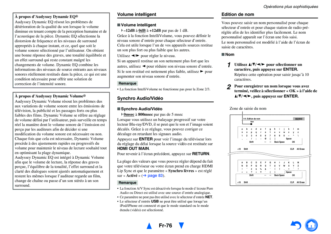 Onkyo TX-NR3010, TX-NR5010 manual Fr-76, Volume intelligent, Synchro Audio/Vidéo, Edition de nom, Hdmi OUT Main 