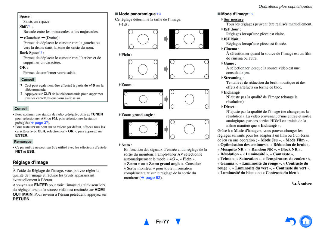 Onkyo TX-NR5010, TX-NR3010 manual Fr-77, Réglage d’image, Return, Mode panoramique*1*2, Mode d’image*1*3 