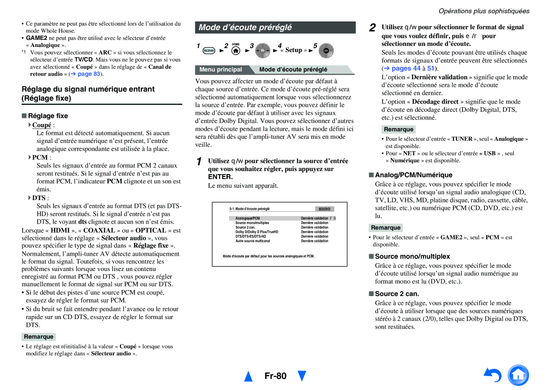 Onkyo TX-NR3010, TX-NR5010 manual Fr-80, Mode d’écoute préréglé, Réglage du signal numérique entrant Réglage fixe 