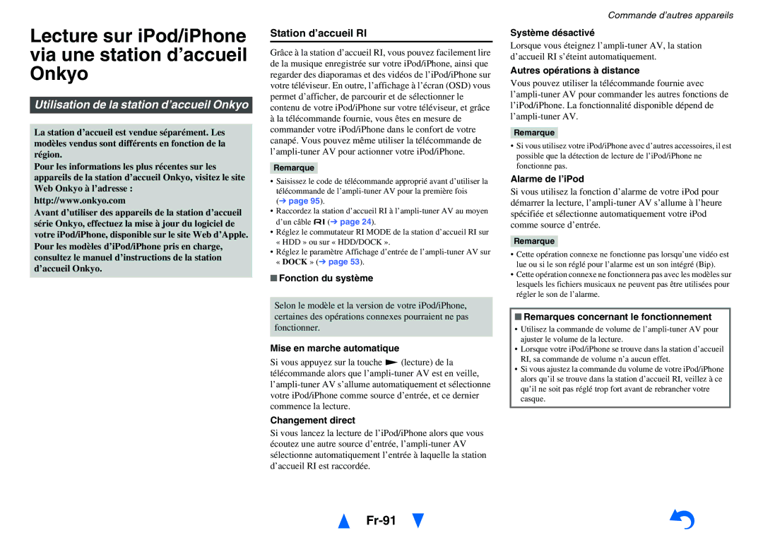 Onkyo TX-NR5010 Lecture sur iPod/iPhone via une station d’accueil Onkyo, Fr-91, Utilisation de la station d’accueil Onkyo 