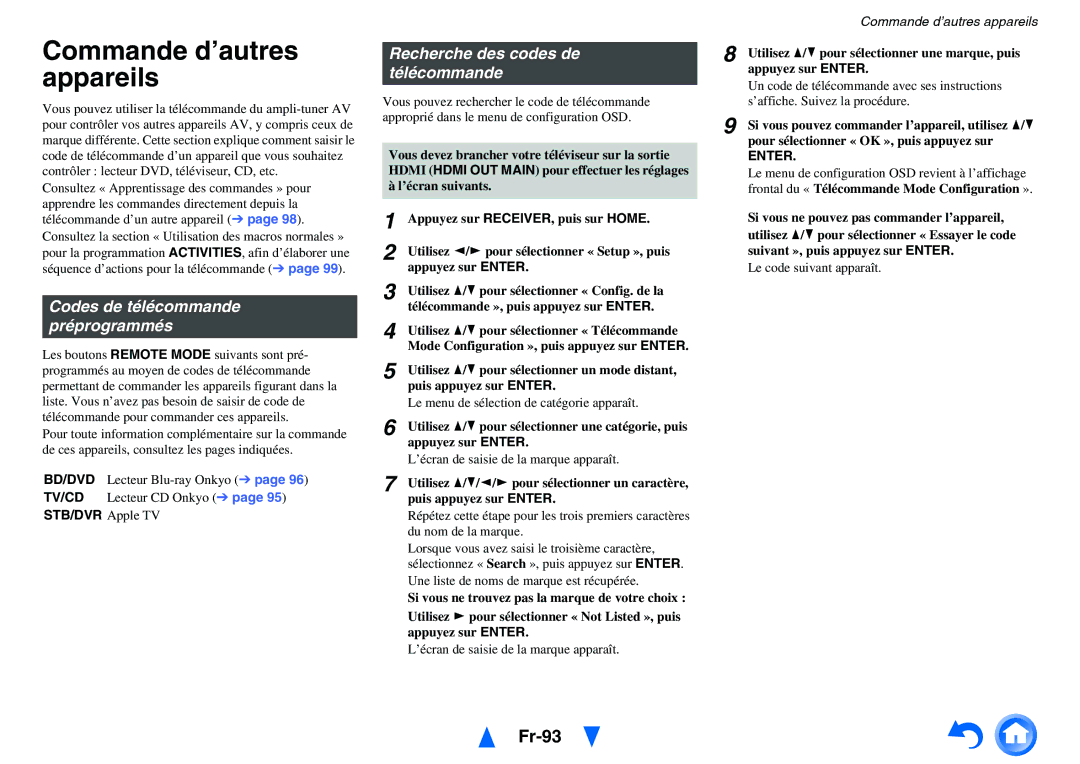 Onkyo TX-NR5010, TX-NR3010 manual Commande d’autres appareils, Fr-93, Codes de télécommande préprogrammés 