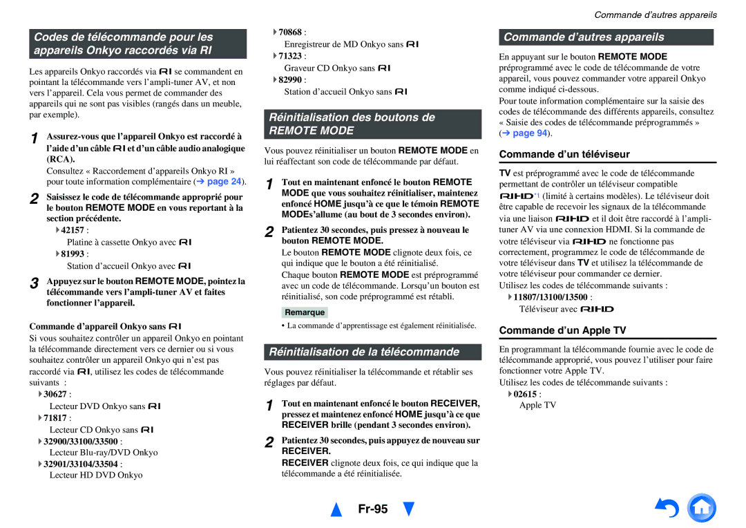 Onkyo TX-NR5010 Fr-95, Réinitialisation des boutons de, Réinitialisation de la télécommande, Commande d’autres appareils 