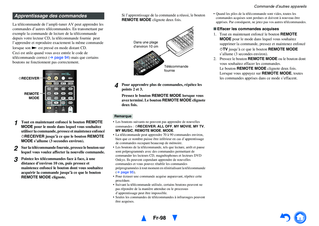 Onkyo TX-NR3010, TX-NR5010 manual Fr-98, Apprentissage des commandes, Effacer les commandes acquises 