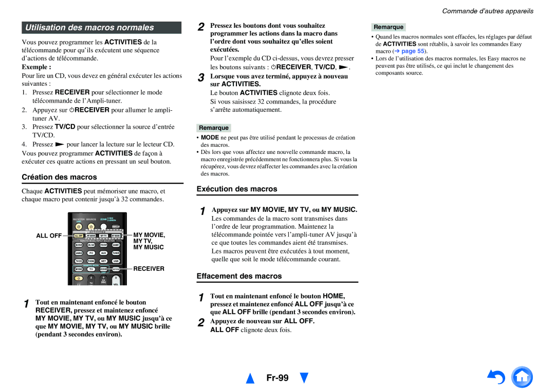 Onkyo TX-NR5010 Fr-99, Utilisation des macros normales, Création des macros, Exécution des macros, Effacement des macros 