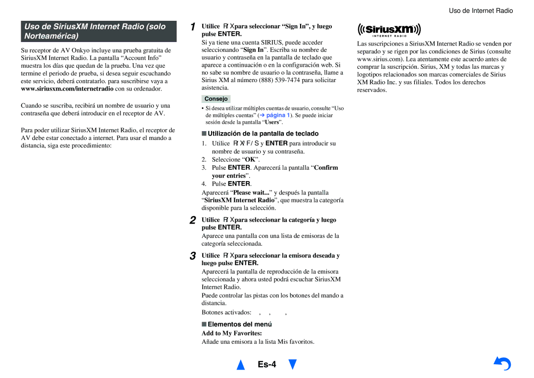 Onkyo TX-NR414 Es-4, Uso de SiriusXM Internet Radio solo Norteamérica, Añade una emisora a la lista Mis favoritos 