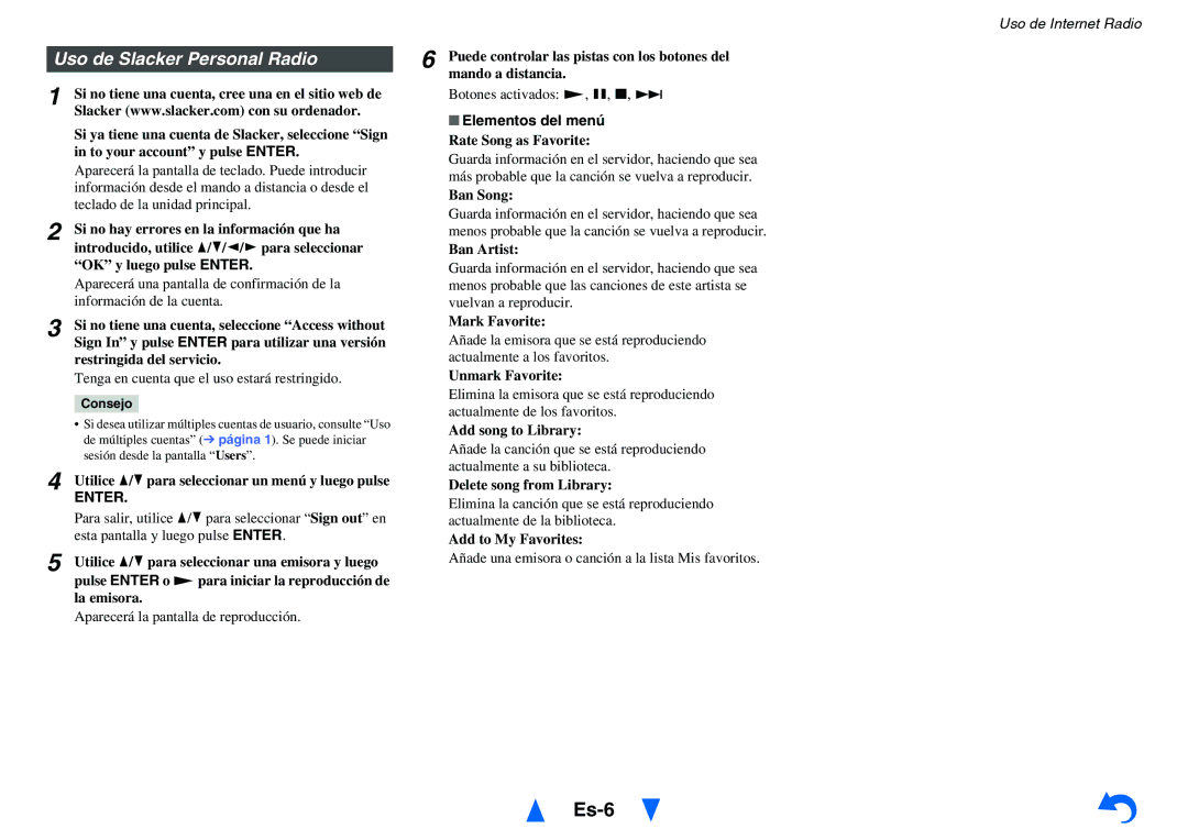 Onkyo TX-NR414 Es-6, Uso de Slacker Personal Radio, Puede controlar las pistas con los botones del, Mando a distancia 
