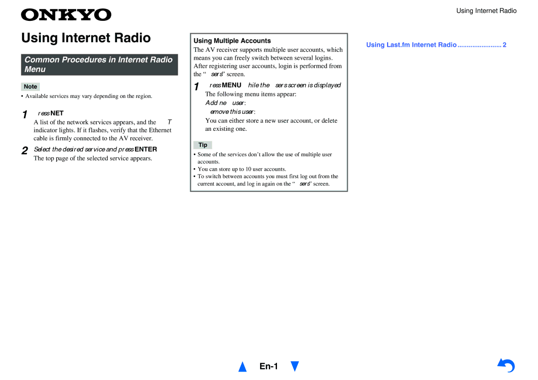 Onkyo TX-NR414 instruction manual Using Internet Radio 