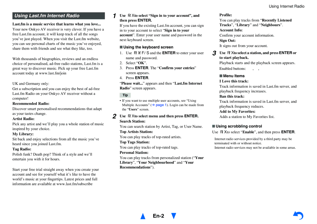 Onkyo TX-NR414 instruction manual Using Last.fm Internet Radio, Recommendations 