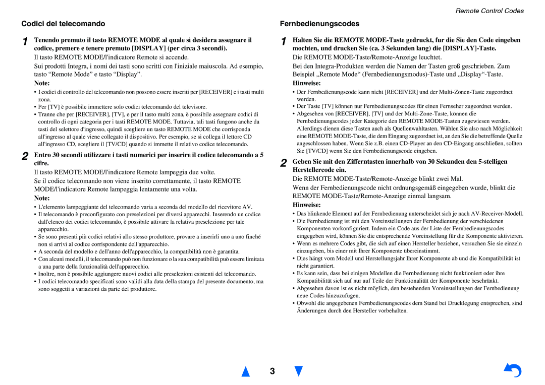 Onkyo TX-NR414 instruction manual Codici del telecomando, Fernbedienungscodes, Hinweise 