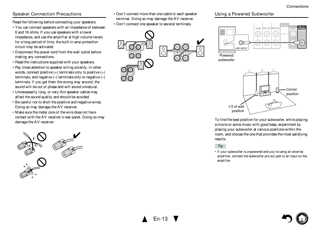 Onkyo TX-NR414 instruction manual En-13, Speaker Connection Precautions, Using a Powered Subwoofer, Tip 