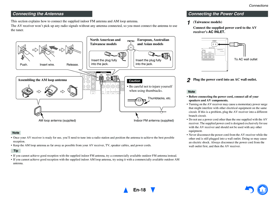 Onkyo TX-NR414 instruction manual En-18, Connecting the Antennas, Connecting the Power Cord 