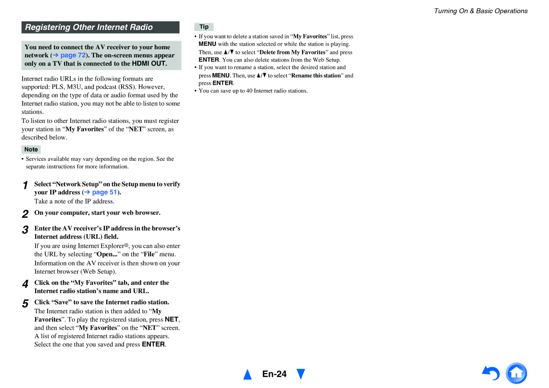 Onkyo TX-NR414 instruction manual En-24, Registering Other Internet Radio, Take a note of the IP address 