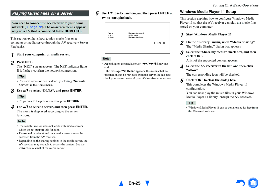 Onkyo TX-NR414 instruction manual En-25, Playing Music Files on a Server, Windows Media Player 11 Setup 