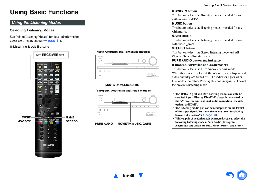 Onkyo TX-NR414 instruction manual Using Basic Functions, En-30, Using the Listening Modes, Selecting Listening Modes 