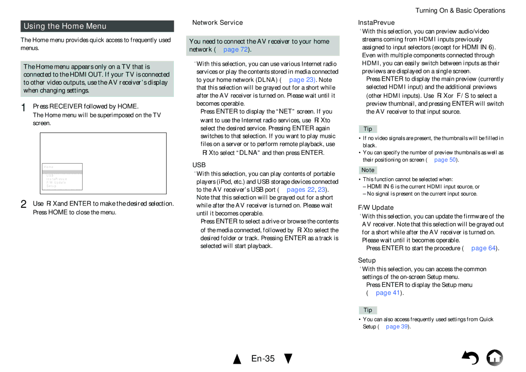 Onkyo TX-NR414 instruction manual En-35, Using the Home Menu 