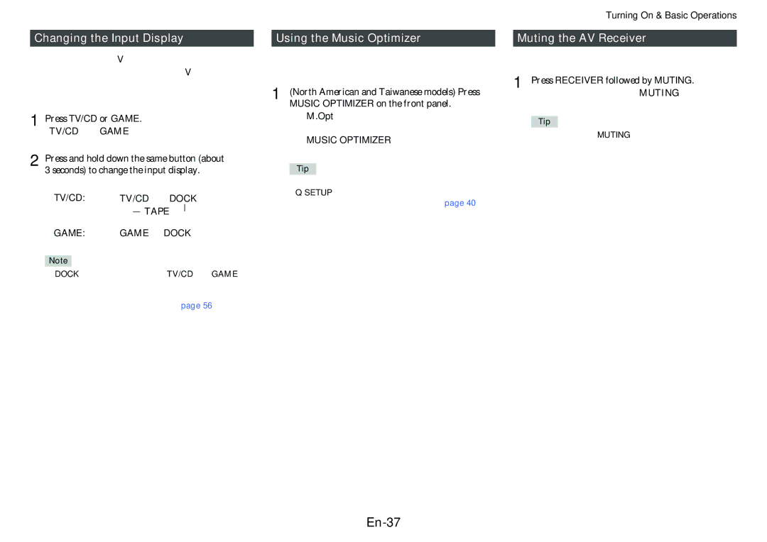 Onkyo TX-NR414 instruction manual En-37, Changing the Input Display, Using the Music Optimizer, Muting the AV Receiver 