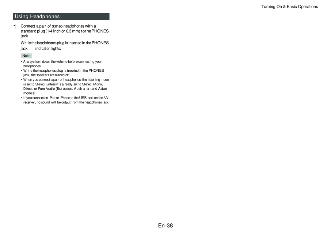 Onkyo TX-NR414 instruction manual En-38, Using Headphones 