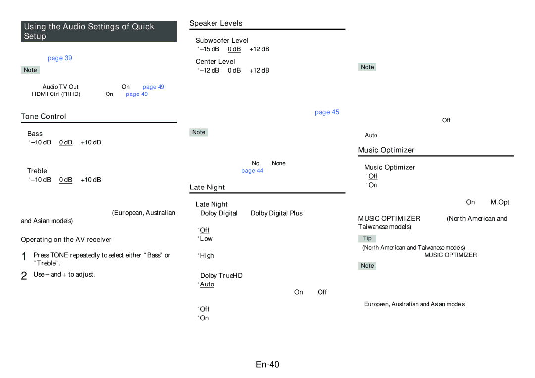 Onkyo TX-NR414 instruction manual En-40, Using the Audio Settings of Quick Setup 