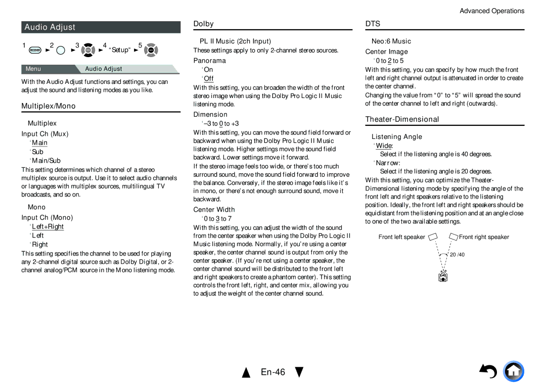 Onkyo TX-NR414 instruction manual En-46, Audio Adjust, Multiplex/Mono, Dolby, Theater-Dimensional 