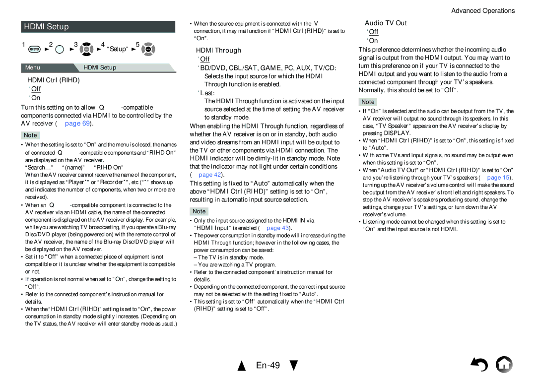 Onkyo TX-NR414 instruction manual En-49, Hdmi Setup, Hdmi Ctrl Rihd, Hdmi Through, Audio TV Out 