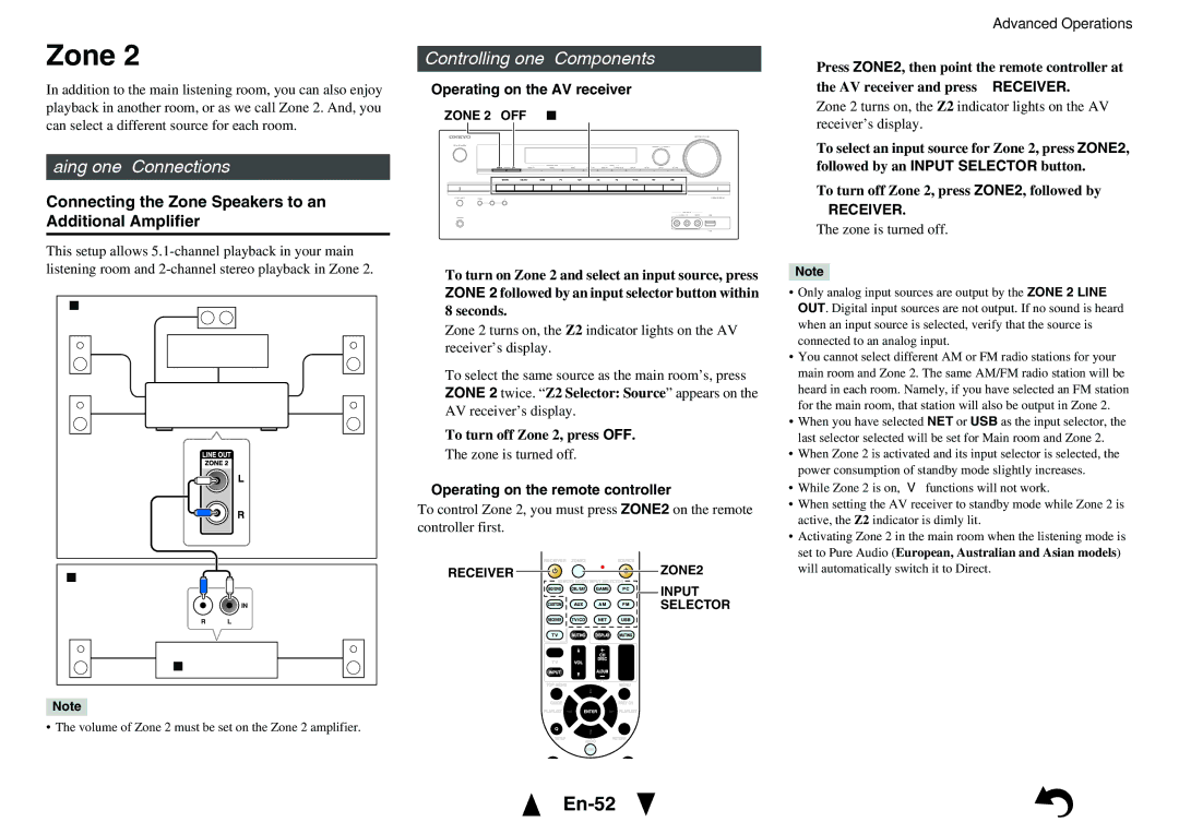 Onkyo TX-NR414 instruction manual En-52, Making Zone 2 Connections, Controlling Zone 2 Components 