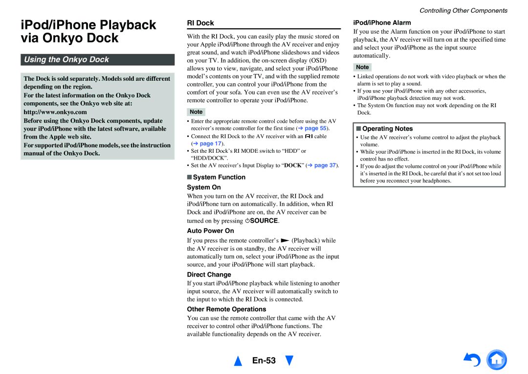 Onkyo TX-NR414 instruction manual IPod/iPhone Playback via Onkyo Dock, En-53, Using the Onkyo Dock, RI Dock 